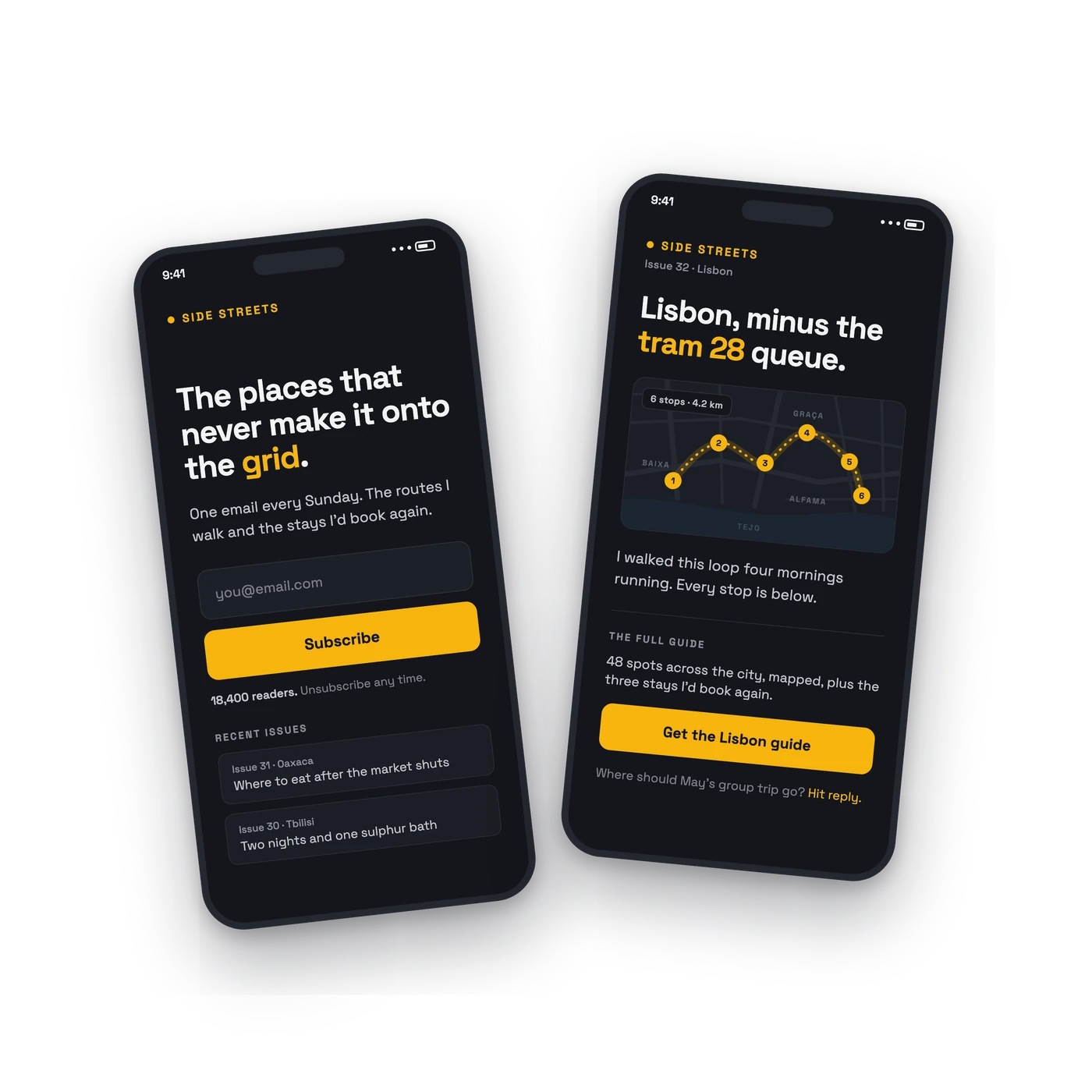 A travel newsletter called Side Streets shown on two phones: a signup page with an email field and recent issues, and an issue about a walking route in Lisbon with a map, a link to buy the full city guide, and a question asking readers where the next group trip should go.